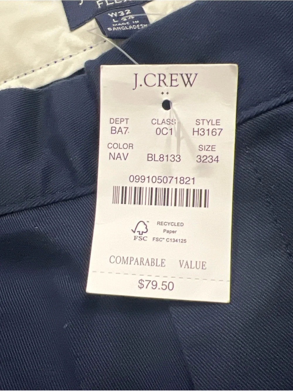 J.Crew Flex Slim Fit Chino Pants Navy Blue Mens Size 32x34 H3167 NWT $80
